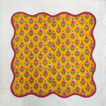 Piping wave scallop napkin, Cotton Napkins, Set of 4,Pink Flowers on yellow Fabric, Print by Hand Block,Sustainable Cloth Napkins