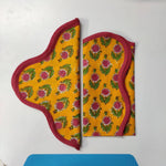 Piping wave scallop napkin, Cotton Napkins, Set of 4,Pink Flowers on yellow Fabric, Print by Hand Block,Sustainable Cloth Napkins