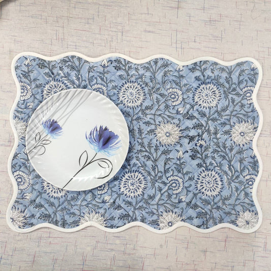 Blue Mat floral 4 Napkins and 2 Cotton Table quilted wave piped Placemats , Indian Vintage Handmade Floral Hand Block Printed Set