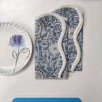 Blue Mat floral 4 Napkins and 2 Cotton Table quilted wave piped Placemats , Indian Vintage Handmade Floral Hand Block Printed Set