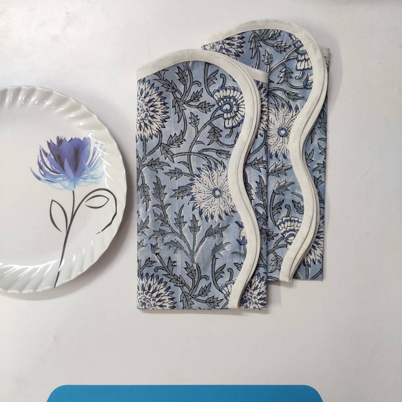 Blue Mat floral 4 Napkins and 2 Cotton Table quilted wave piped Placemats , Indian Vintage Handmade Floral Hand Block Printed Set