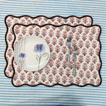 wave scallop Mats Table Linens floral 4 Napkins and 2 Cotton Table quilted wave piped Placemats ,Indian Floral Hand Block Printed Set