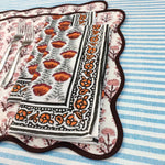 wave scallop Mats Table Linens floral 4 Napkins and 2 Cotton Table quilted wave piped Placemats ,Indian Floral Hand Block Printed Set