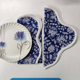 Denim Blue Flower Placemat, 'Block Print' fabric table mat easy care, machine washable rustic kitchen decor dining mat+napkin