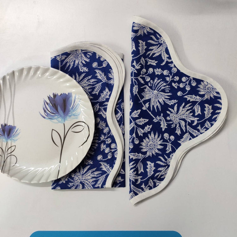 Denim Blue Flower Placemat, 'Block Print' fabric table mat easy care, machine washable rustic kitchen decor dining mat+napkin