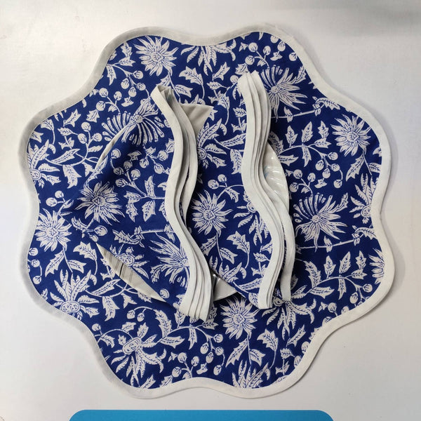 Denim Blue Flower Placemat, 'Block Print' fabric table mat easy care, machine washable rustic kitchen decor dining mat+napkin