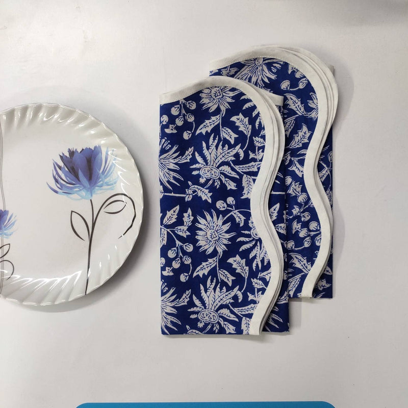 Blue Table Linens floral 4 Napkins and 2 Cotton Table quilted wave piped Mats , fathers day gift, Floral Hand Block Printed Set