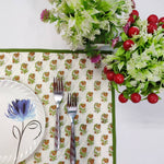 Green floral Napkins and Cotton Table quilted straight piping Placemats , Indian Vintage Handmade Floral Hand Block Printed Set