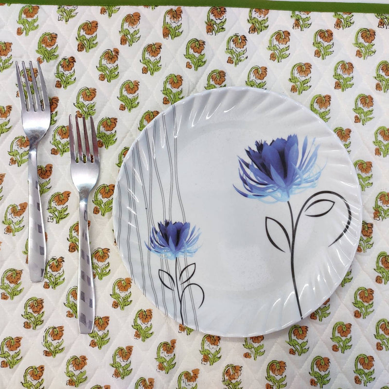 Green floral Napkins and Cotton Table quilted straight piping Placemats , Indian Vintage Handmade Floral Hand Block Printed Set