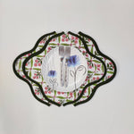 Dark Green Piping wave scallop napkin, personalised gift , Cloth Cotton Napkins Set of 4,Blue Flowers on Green Fabric, Print by Hand Block