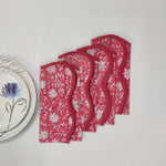 Wave scallop edge napkin Designer Cotton Piping Napkins, Set of 4,pink Flowers on White Fabric, Print by Hand Block,Sustainable Cloth