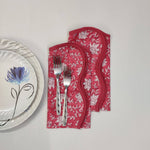 Wave scallop edge napkin Designer Cotton Piping Napkins, Set of 4,pink Flowers on White Fabric, Print by Hand Block,Sustainable Cloth