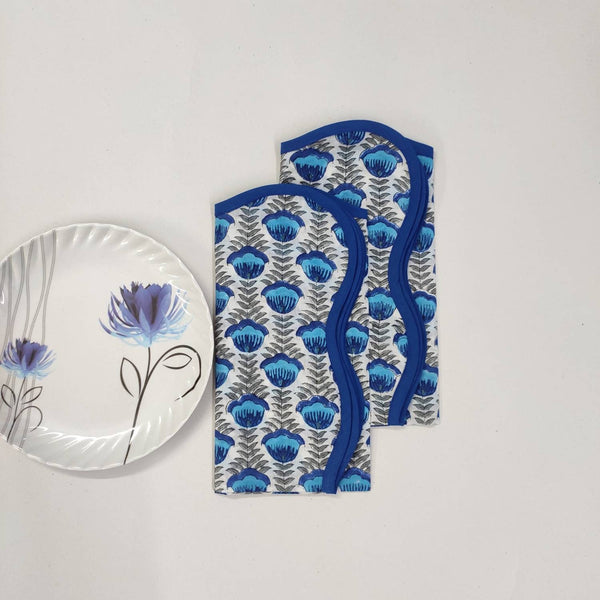 Blue Flower Cotton Napkins, Cloth Napkins, Fabric Napkins, India Block Print Napkins, Cocktail Napkins, 20"x20"- Dinner Napkins