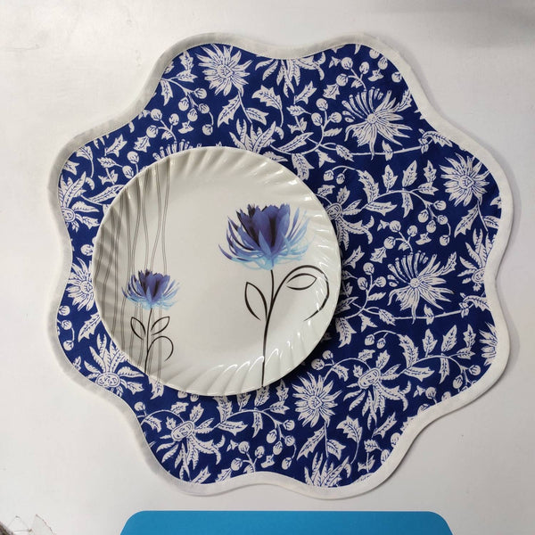 Denim Blue Flower Placemat, 'Block Print' fabric table mat easy care, machine washable rustic kitchen decor dining mat+napkin
