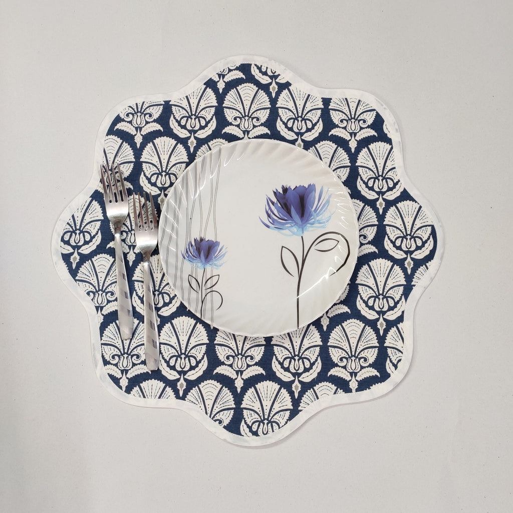 Table Mat Blue and White India Block Print Quilted, Piping Placemats, Scallop ,Set of 2 personalized gifts for mom, Coffee Table Decorwave
