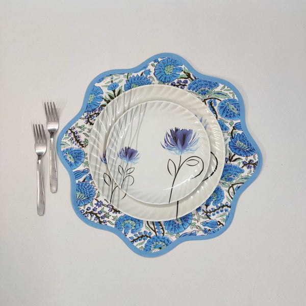 Light Blue Flower Round Scalloped Placemat Block Print' fabric table mat easy care, machine washable rustic kitchen decor dining mat+napkin
