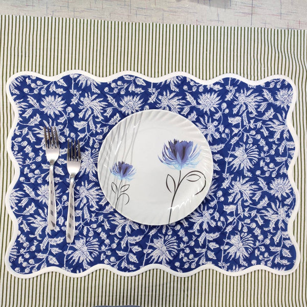 Blue Table Linens floral 4 Napkins and 2 Cotton Table quilted wave piped Mats , fathers day gift, Floral Hand Block Printed Set