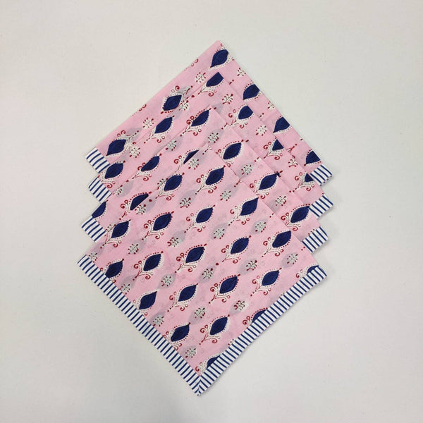 Indian block printed striped napkins, Pink floral napkins, Indian Napkins