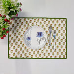 Green floral Napkins and Cotton Table quilted straight piping Placemats , Indian Vintage Handmade Floral Hand Block Printed Set