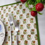 Green floral Napkins and Cotton Table quilted straight piping Placemats , Indian Vintage Handmade Floral Hand Block Printed Set