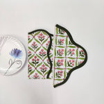 Dark Green Piping wave scallop napkin, personalised gift , Cloth Cotton Napkins Set of 4,Blue Flowers on Green Fabric, Print by Hand Block