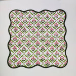 Dark Green Piping wave scallop napkin, personalised gift , Cloth Cotton Napkins Set of 4,Blue Flowers on Green Fabric, Print by Hand Block