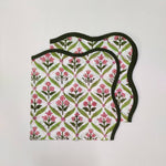 Dark Green Piping wave scallop napkin, personalised gift , Cloth Cotton Napkins Set of 4,Blue Flowers on Green Fabric, Print by Hand Block