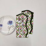 Dark Green Piping wave scallop napkin, personalised gift , Cloth Cotton Napkins Set of 4,Blue Flowers on Green Fabric, Print by Hand Block