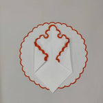 White linen cloth scallop embroidered napkins + Mat set trim piping for table decor size set housewarming gift