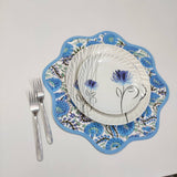 Light Blue Flower Round Scalloped Placemat Block Print' fabric table mat easy care, machine washable rustic kitchen decor dining mat+napkin