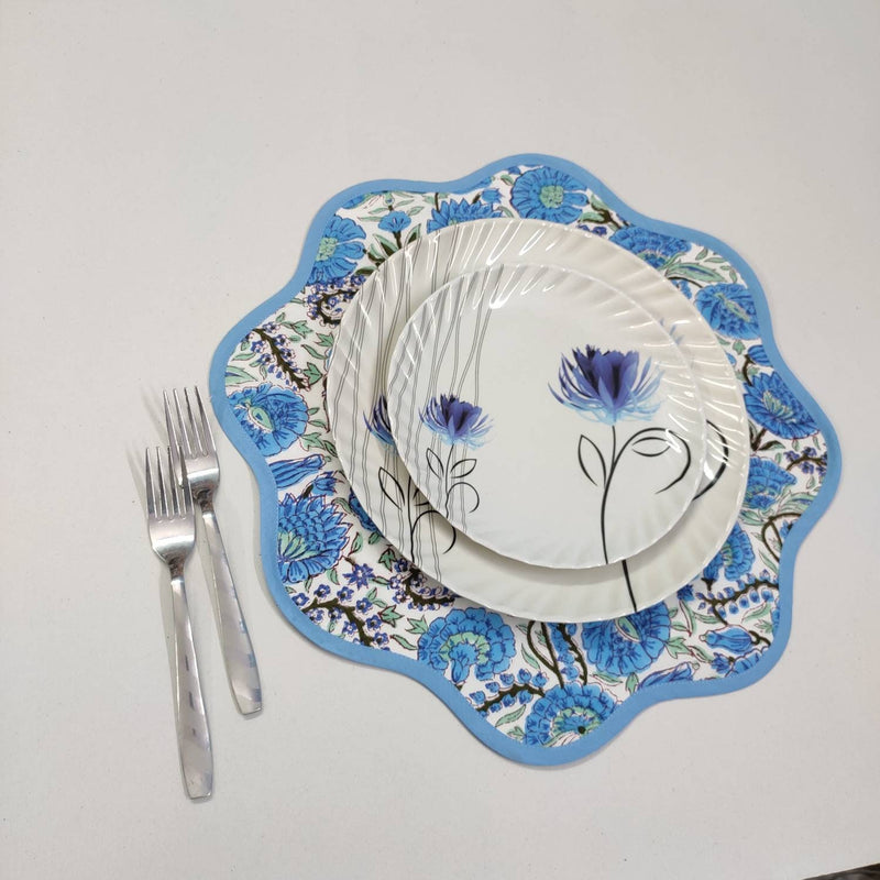 Light Blue Flower Round Scalloped Placemat Block Print' fabric table mat easy care, machine washable rustic kitchen decor dining mat+napkin