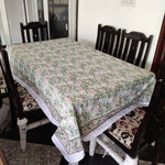 Green Wedding Block Print Tablecloth, Indian Block Print Rectangular Tablecloth, Seater Tablecloth, Floral Cotton Dinning Table Cloth