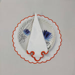 White linen cloth scallop embroidered napkins + Mat set trim piping for table decor size set housewarming gift