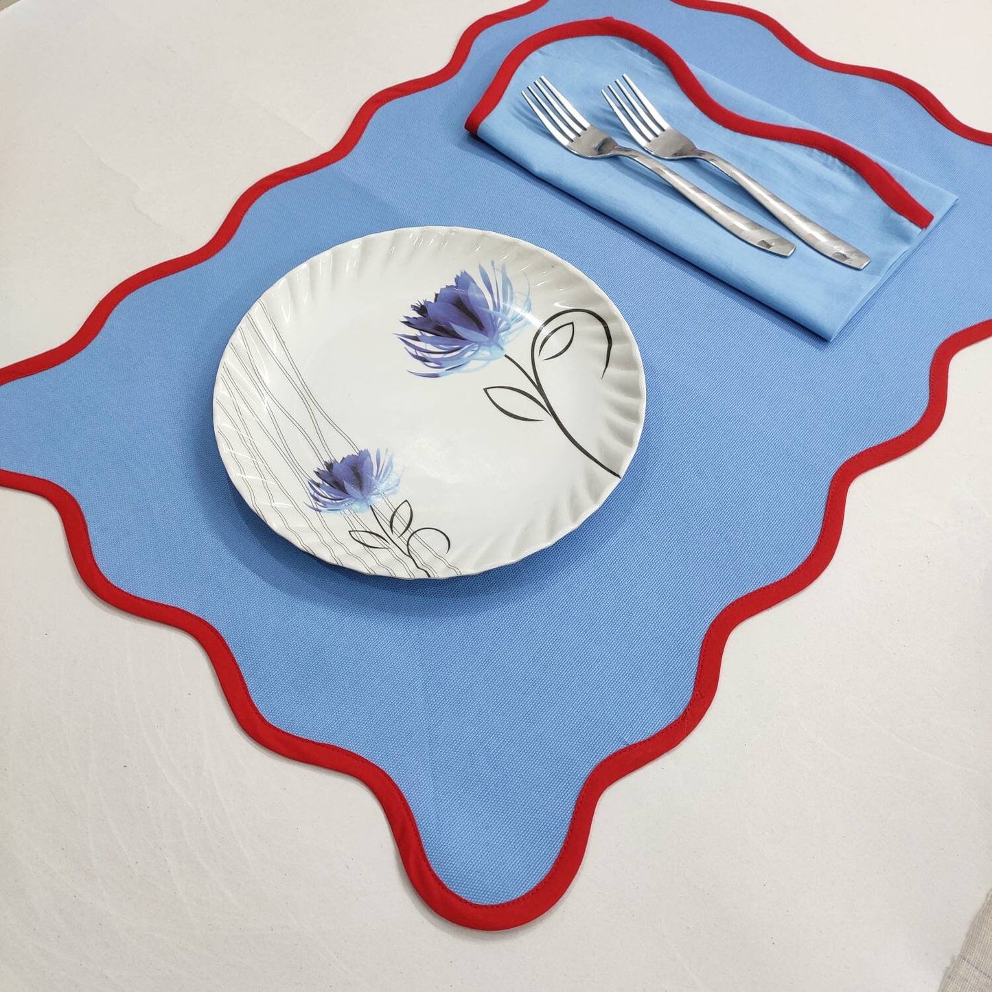 Table mat Scallop Placemats and Napkins light blue ,Table Linens Piping Napkins fathers day gift