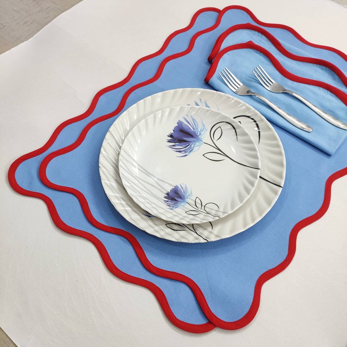 Table mat Scallop Placemats and Napkins light blue ,Table Linens Piping Napkins fathers day gift