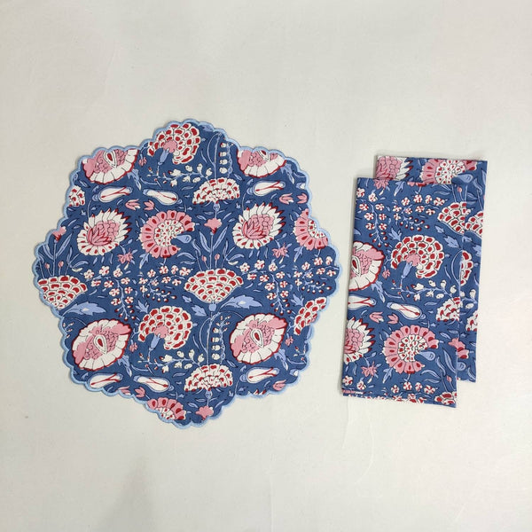 Blue Flower embroidered Placemat napkin, 'Block Print' fabric table mat easy care, machine washable rustic kitchen decor dining mat+napkin