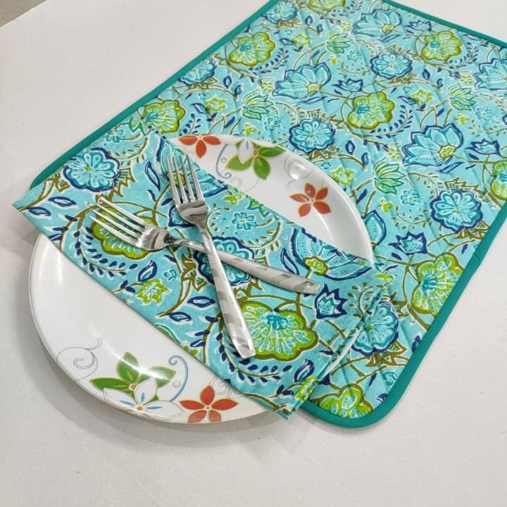 Blue Flower quilted Placemat napkin, 'Block Print' fabric table mat easy care, machine washable rustic kitchen decor dining mat+napkin
