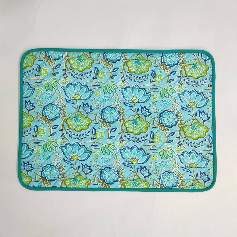 Blue Flower quilted Placemat napkin, 'Block Print' fabric table mat easy care, machine washable rustic kitchen decor dining mat+napkin