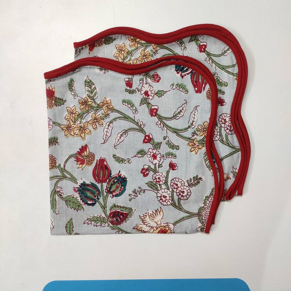Hand Block Floral Print Pure Cotton Fabric Piping Napkins Set of 4 Cloth Napkin Set, Table Decor fathers day gift