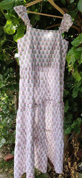 Hand Block Printed Dress, Pink Green Flower Indian Tunics, Hand Printed Dress, Indian Cotton Long Gown, Indian Cotton Dress, Printed Dress