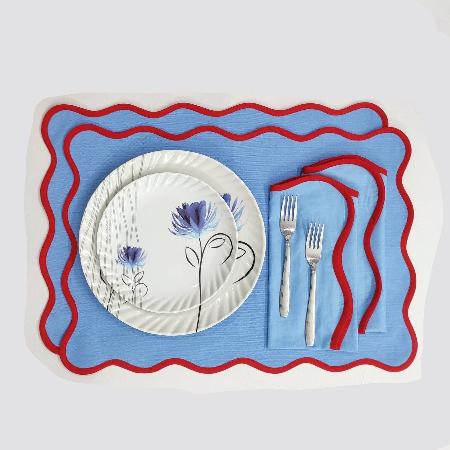 Table mat Scallop Placemats and Napkins light blue ,Table Linens Piping Napkins fathers day gift