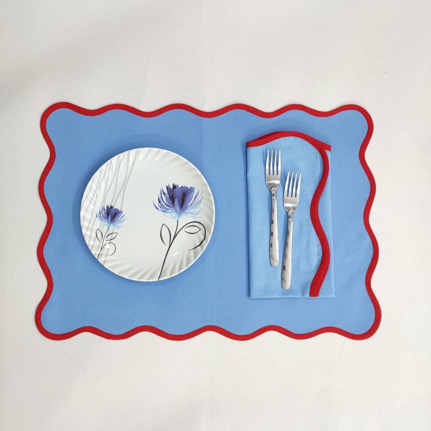 Table mat Scallop Placemats and Napkins light blue ,Table Linens Piping Napkins fathers day gift