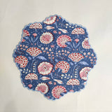 Blue Flower embroidered Placemat napkin, 'Block Print' fabric table mat easy care, machine washable rustic kitchen decor dining mat+napkin
