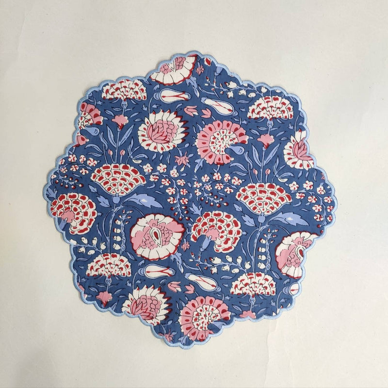 Blue Flower embroidered Placemat napkin, 'Block Print' fabric table mat easy care, machine washable rustic kitchen decor dining mat+napkin