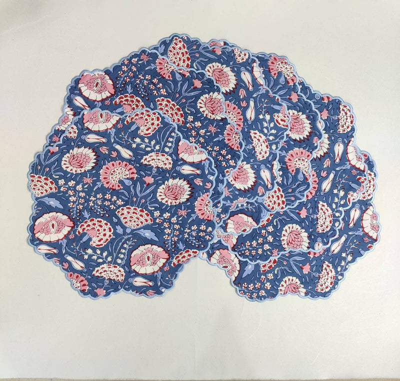 Blue Flower embroidered Placemat napkin, 'Block Print' fabric table mat easy care, machine washable rustic kitchen decor dining mat+napkin