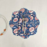 Blue Flower embroidered Placemat napkin, 'Block Print' fabric table mat easy care, machine washable rustic kitchen decor dining mat+napkin