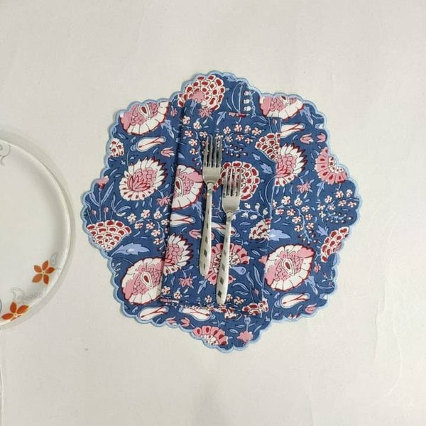 Blue Flower embroidered Placemat napkin, 'Block Print' fabric table mat easy care, machine washable rustic kitchen decor dining mat+napkin