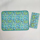 Blue Flower quilted Placemat napkin, 'Block Print' fabric table mat easy care, machine washable rustic kitchen decor dining mat+napkin