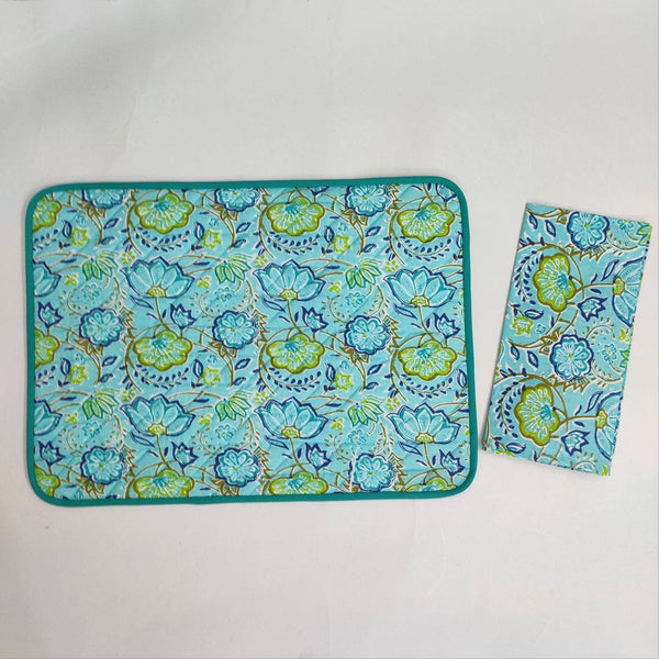 Blue Flower quilted Placemat napkin, 'Block Print' fabric table mat easy care, machine washable rustic kitchen decor dining mat+napkin