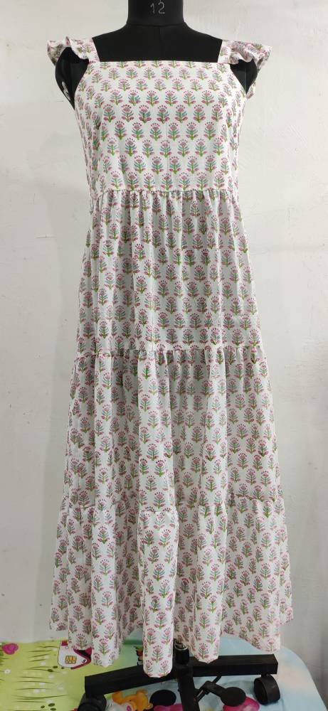 Hand Block Printed Dress, Pink Green Flower Indian Tunics, Hand Printed Dress, Indian Cotton Long Gown, Indian Cotton Dress, Printed Dress